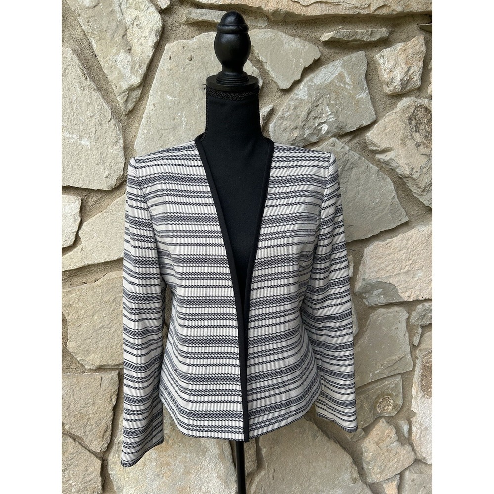 Evan Picone Black Label Jacket 6 Black Beige Striped Metallic Accents Open Front